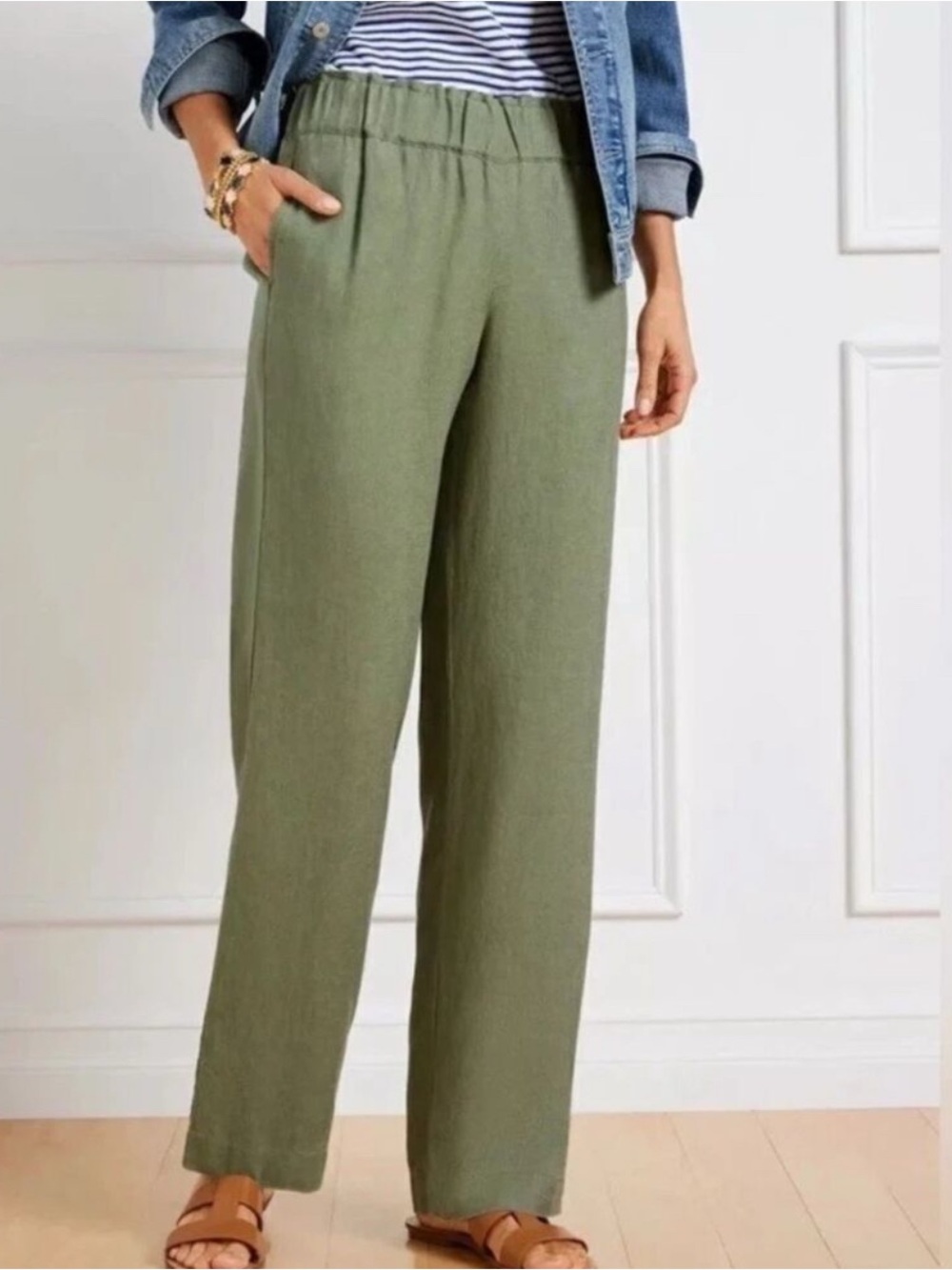 Talbots Nantucket Pull-On Wide Leg Pants 100% Linen Olive Green Size P